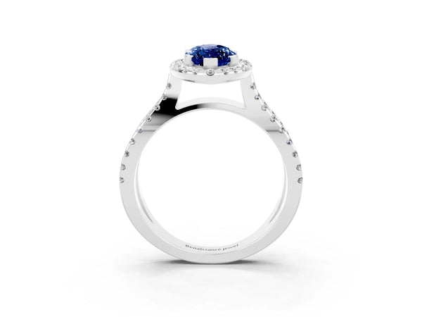 White gold Marquise Cut Blue Sapphire Halo Ring with Split Shank Pavé Band and Prong Setting