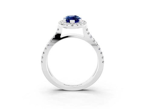 White gold Marquise Cut Blue Sapphire Halo Ring with Split Shank Pavé Band and Prong Setting_3