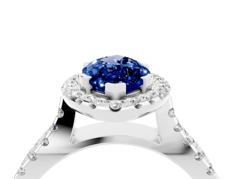White gold Marquise Cut Blue Sapphire Halo Ring with Split Shank Pavé Band and Prong Setting_4