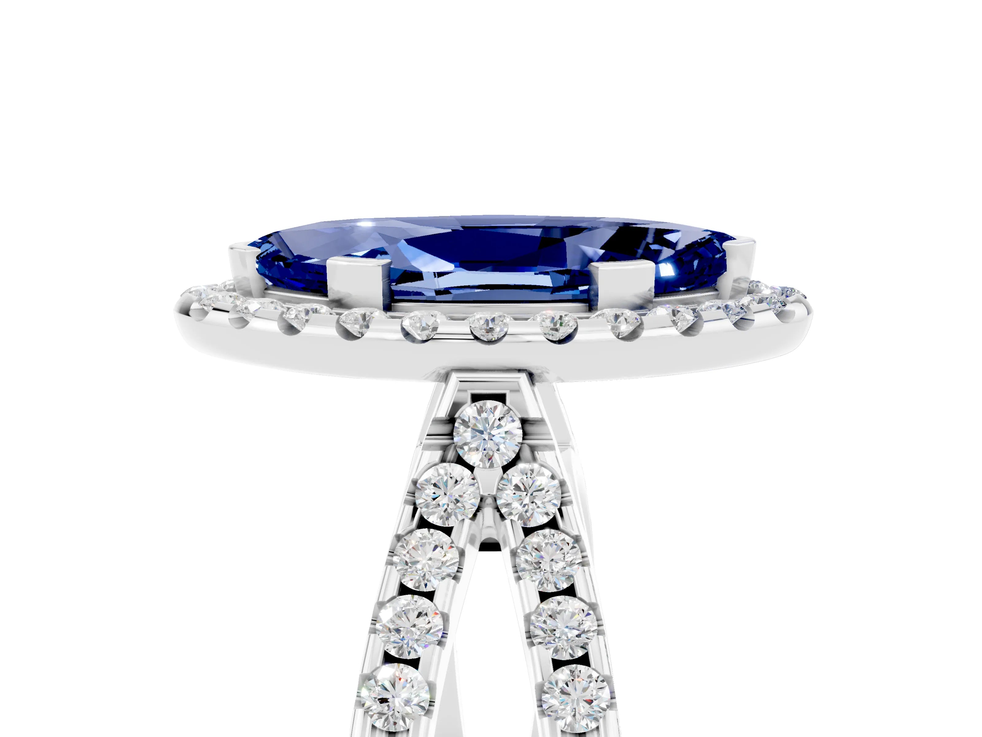 White gold Marquise Cut Blue Sapphire Halo Ring with Split Shank Pavé Band and Prong Setting_5