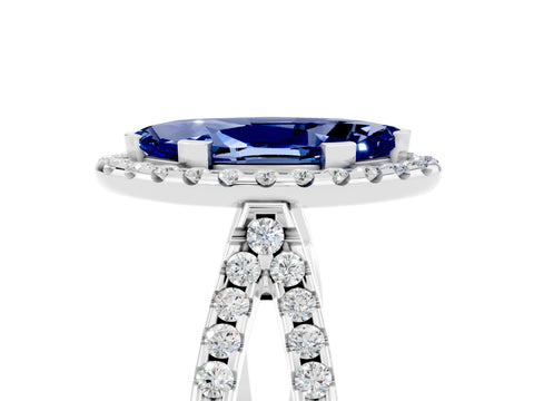 White gold Marquise Cut Blue Sapphire Halo Ring with Split Shank Pavé Band and Prong Setting_5