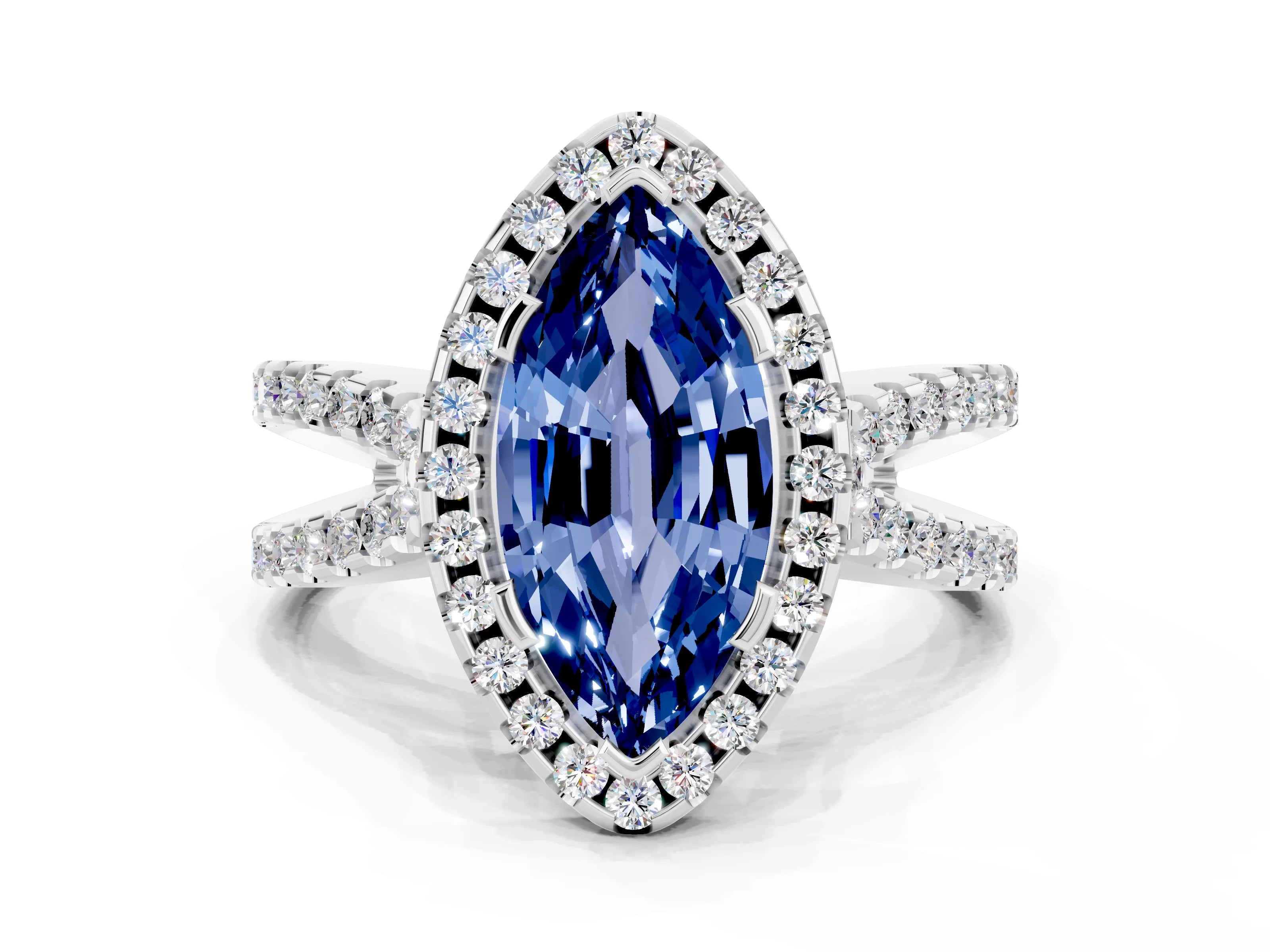 White gold Marquise Cut Blue Sapphire Halo Ring with Split Shank Pavé Band and Prong Setting