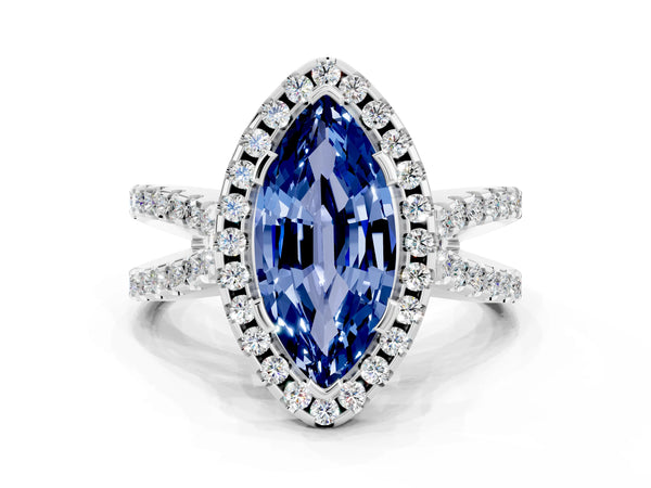 White gold Marquise Cut Blue Sapphire Halo Ring with Split Shank Pavé Band and Prong Setting