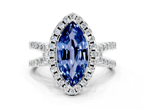 White gold Marquise Cut Blue Sapphire Halo Ring with Split Shank Pavé Band and Prong Setting
