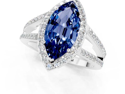 White gold Marquise Cut Blue Sapphire Halo Ring with Split Shank U-Prong Band and Four-Prong Setting_1
