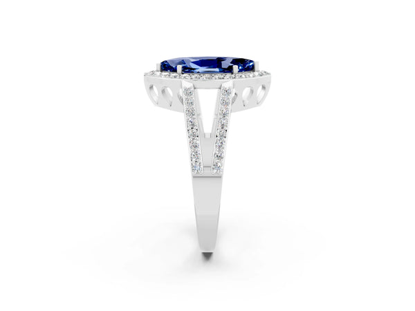 Platinum Marquise Cut Blue Sapphire Halo Ring with Split Shank U-Prong Band and Four-Prong Setting