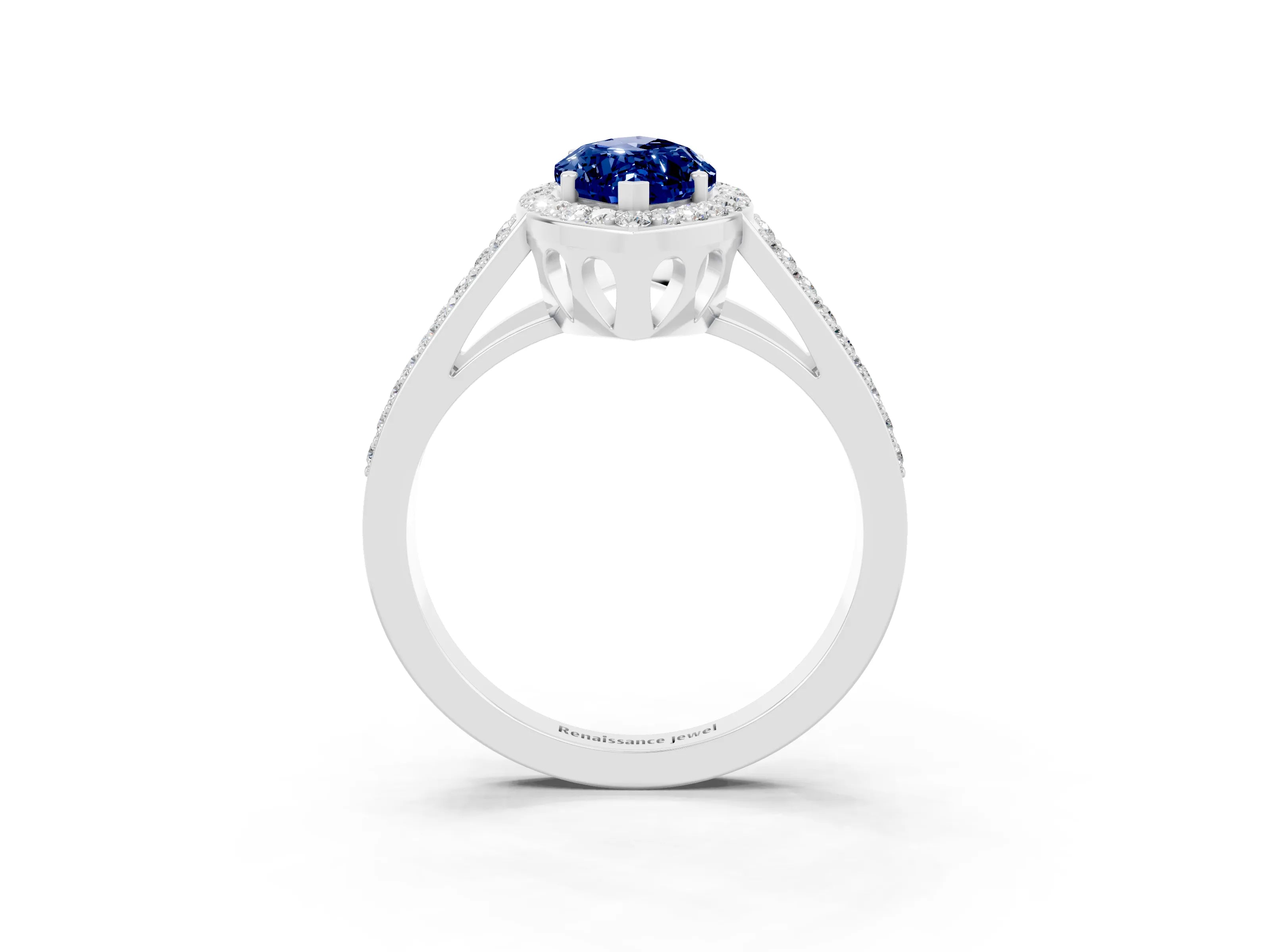 White gold Marquise Cut Blue Sapphire Halo Ring with Split Shank U-Prong Band and Four-Prong Setting_3