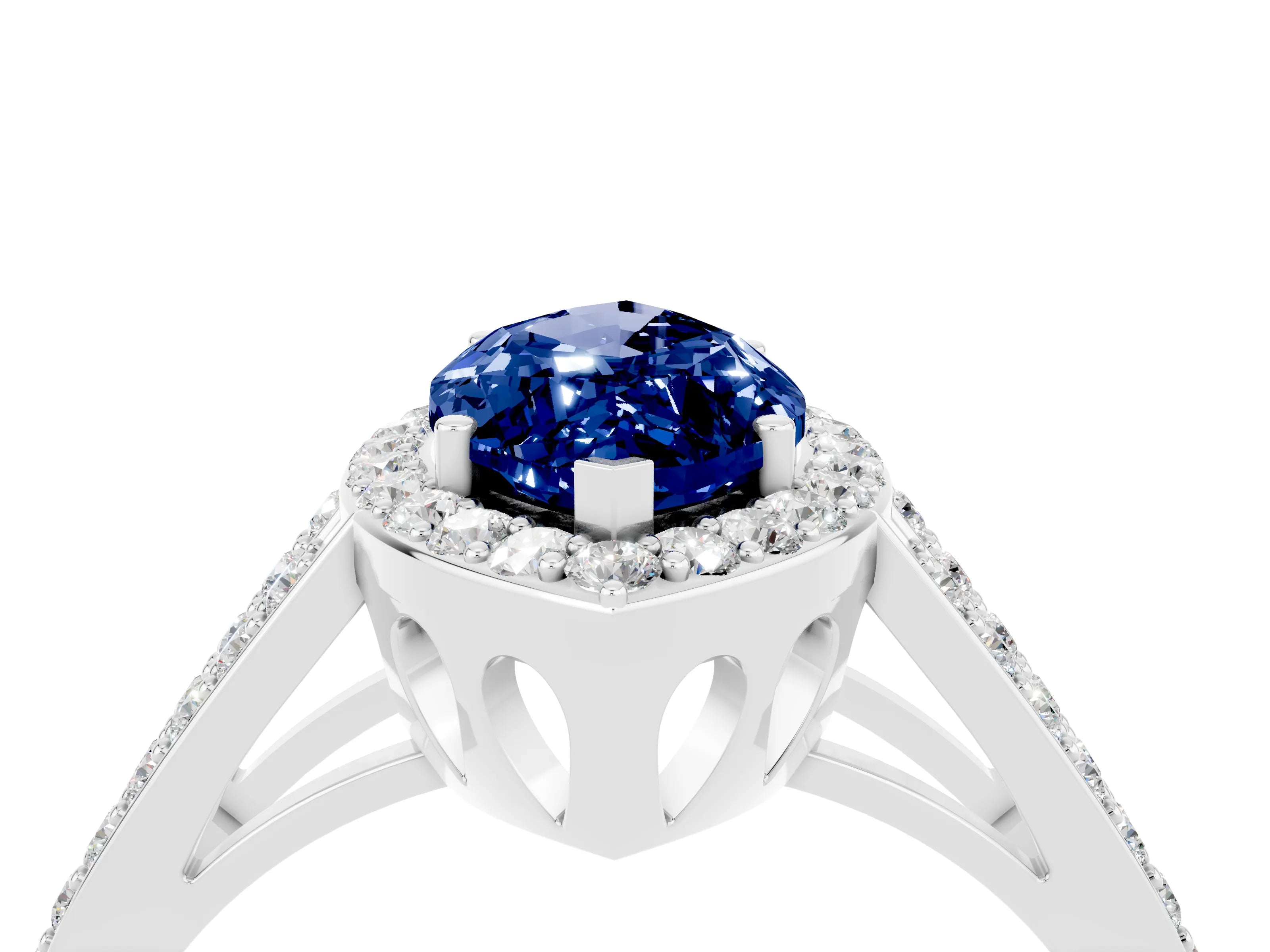 White gold Marquise Cut Blue Sapphire Halo Ring with Split Shank U-Prong Band and Four-Prong Setting_4