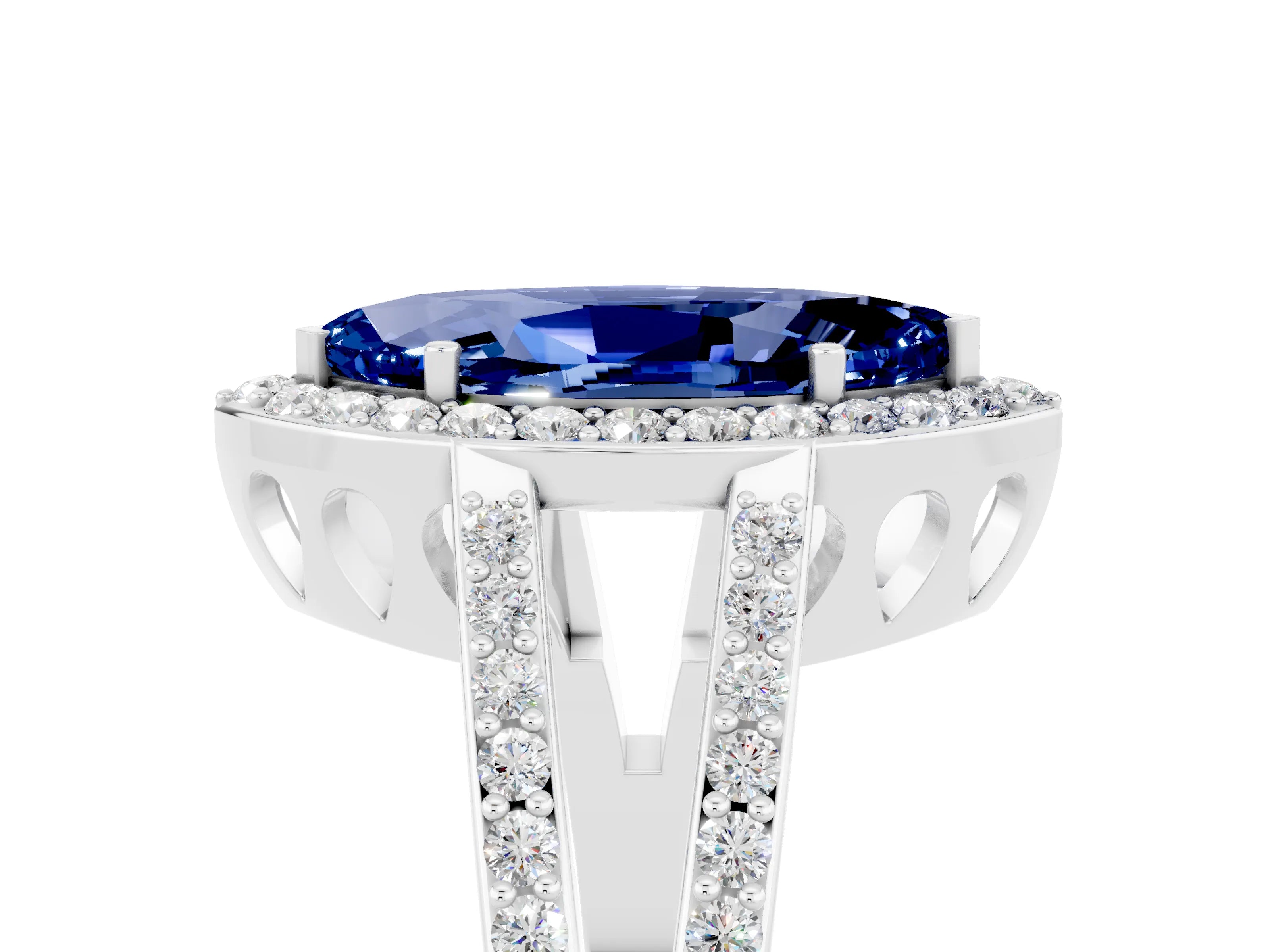 White gold Marquise Cut Blue Sapphire Halo Ring with Split Shank U-Prong Band and Four-Prong Setting_5