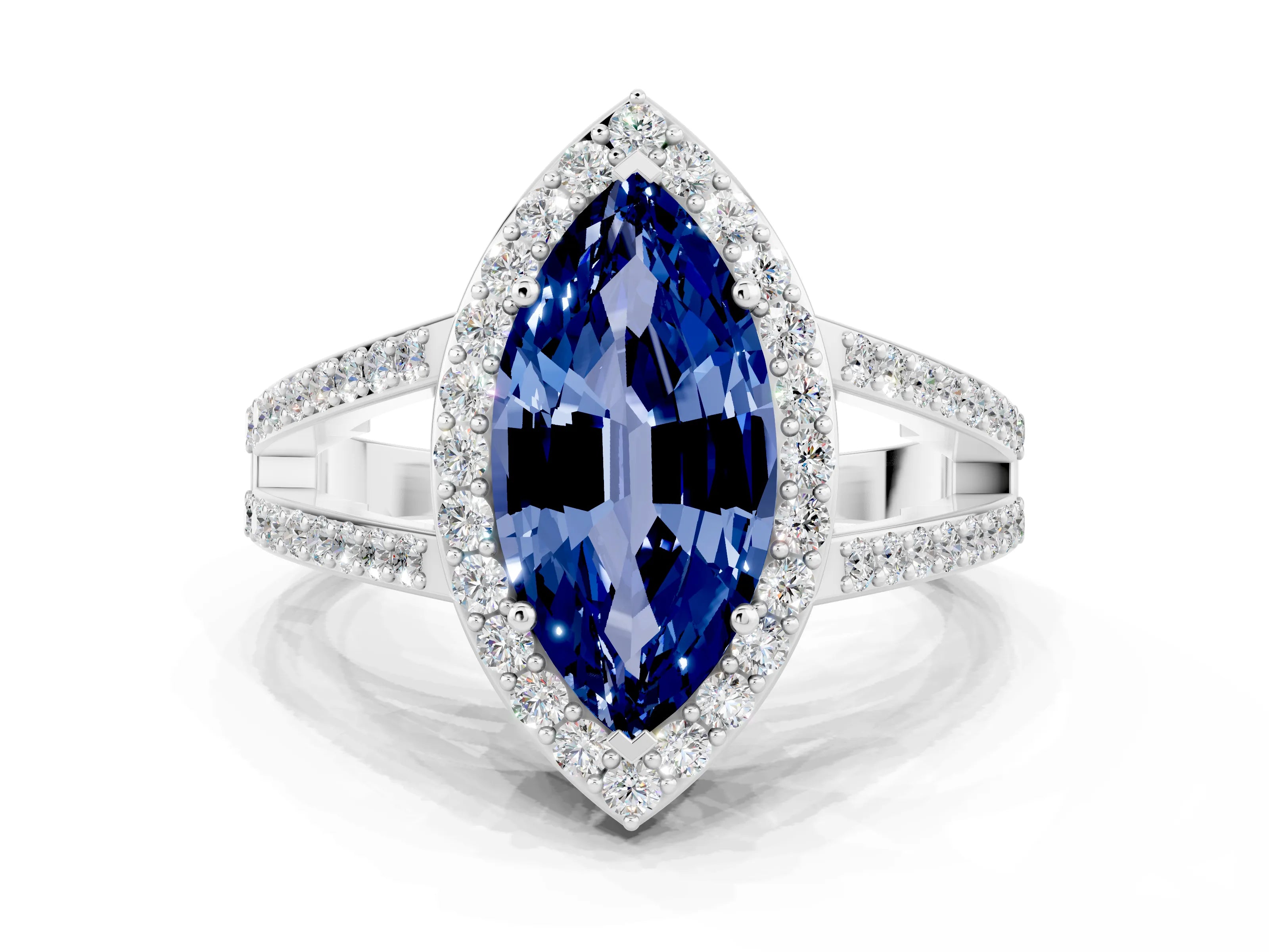 White gold Marquise Cut Blue Sapphire Halo Ring with Split Shank U-Prong Band and Four-Prong Setting