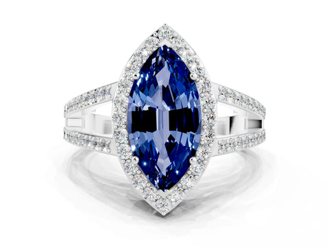 White gold Marquise Cut Blue Sapphire Halo Ring with Split Shank U-Prong Band and Four-Prong Setting