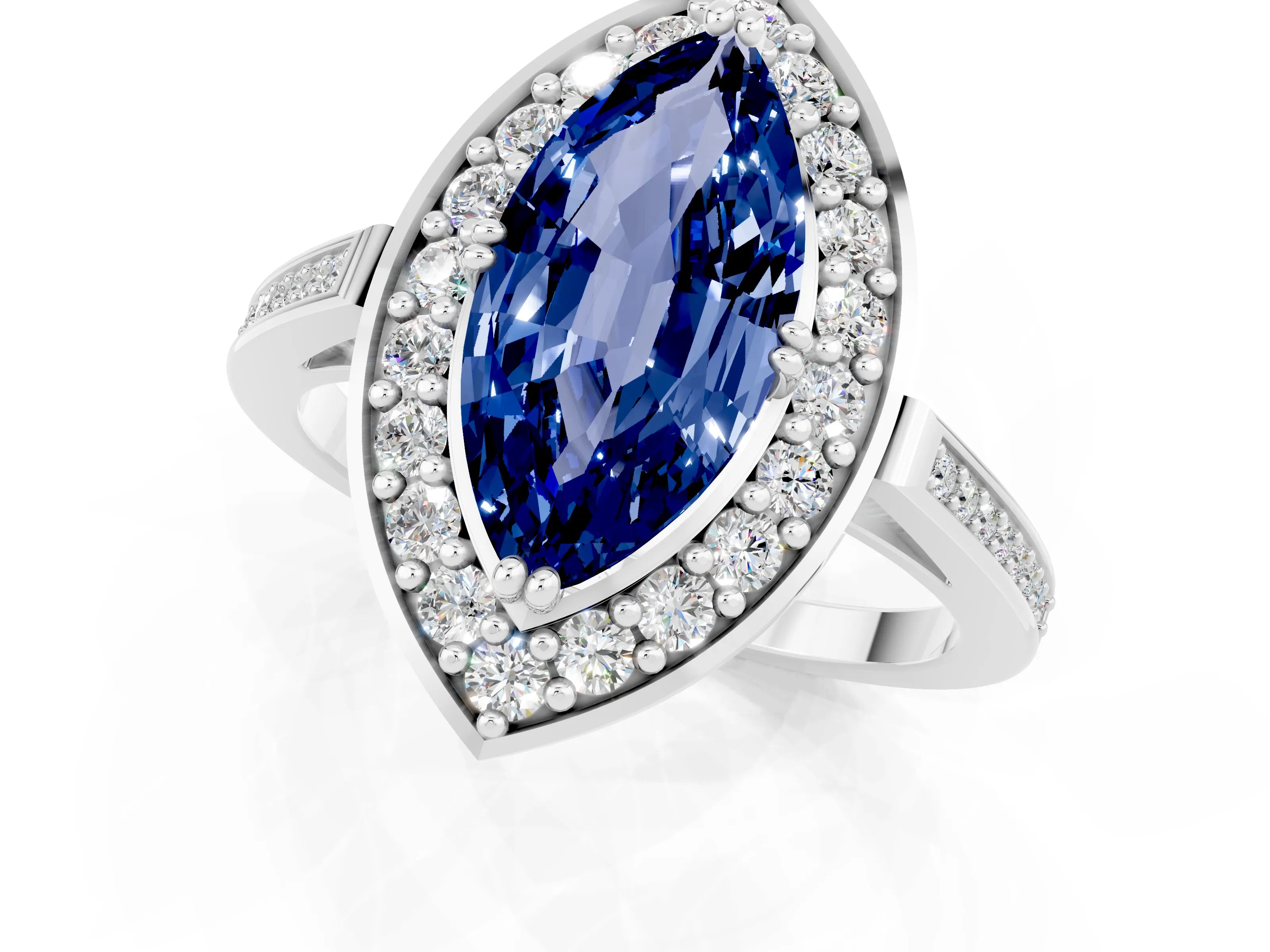 White gold Marquise Cut Blue Sapphire Halo Ring with Split Shank and Four-Prong Setting_1
