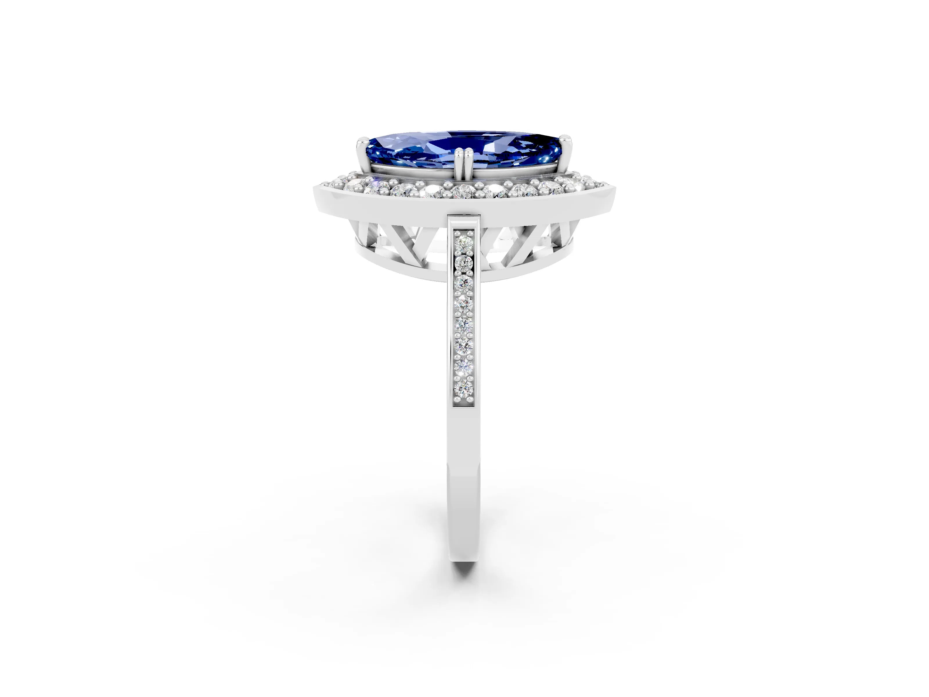 White gold Marquise Cut Blue Sapphire Halo Ring with Split Shank and Four-Prong Setting_14
