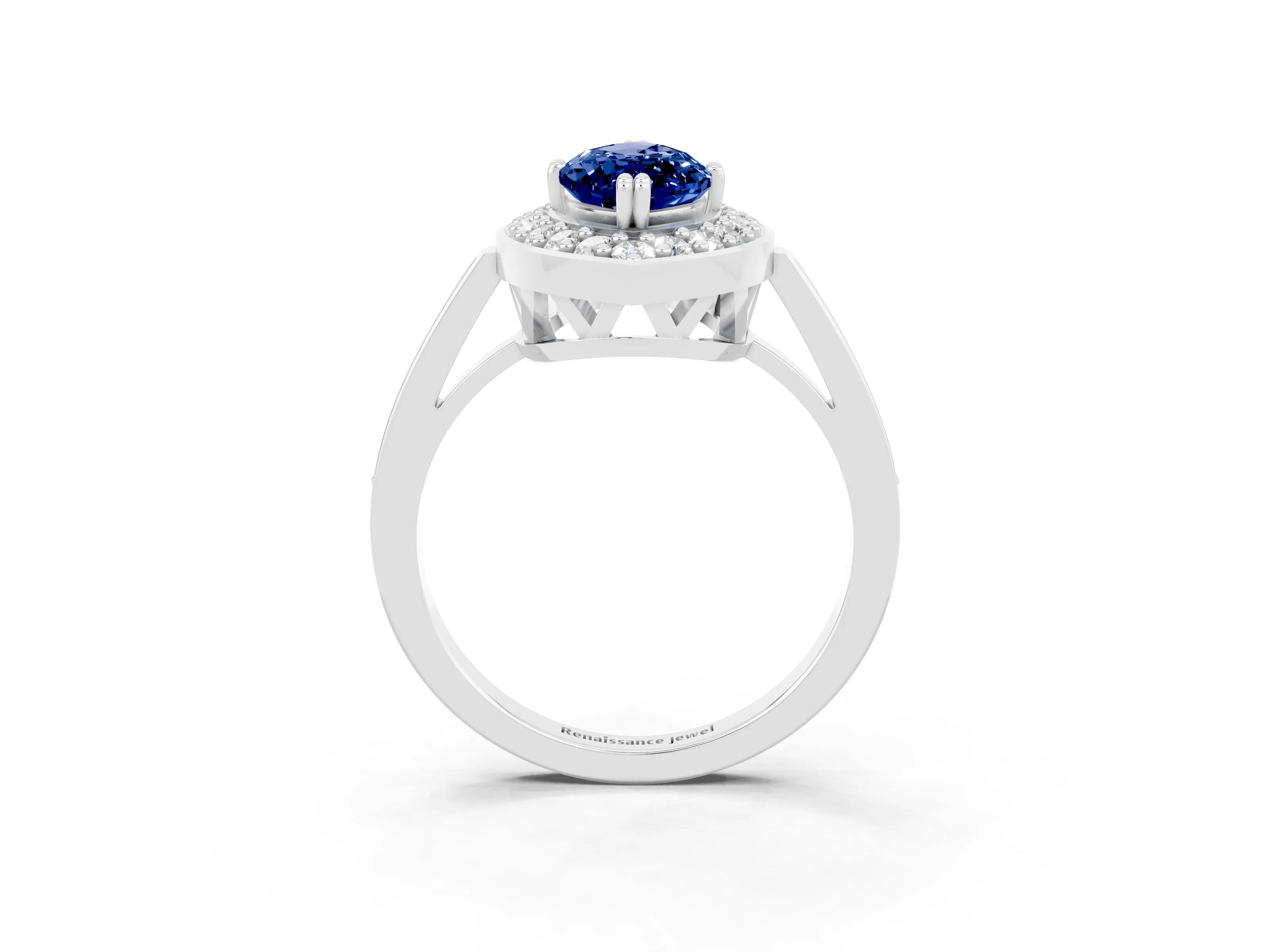 White gold Marquise Cut Blue Sapphire Halo Ring with Split Shank and Four-Prong Setting_15