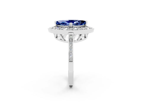 White gold Marquise Cut Blue Sapphire Halo Ring with Split Shank and Four-Prong Setting_2