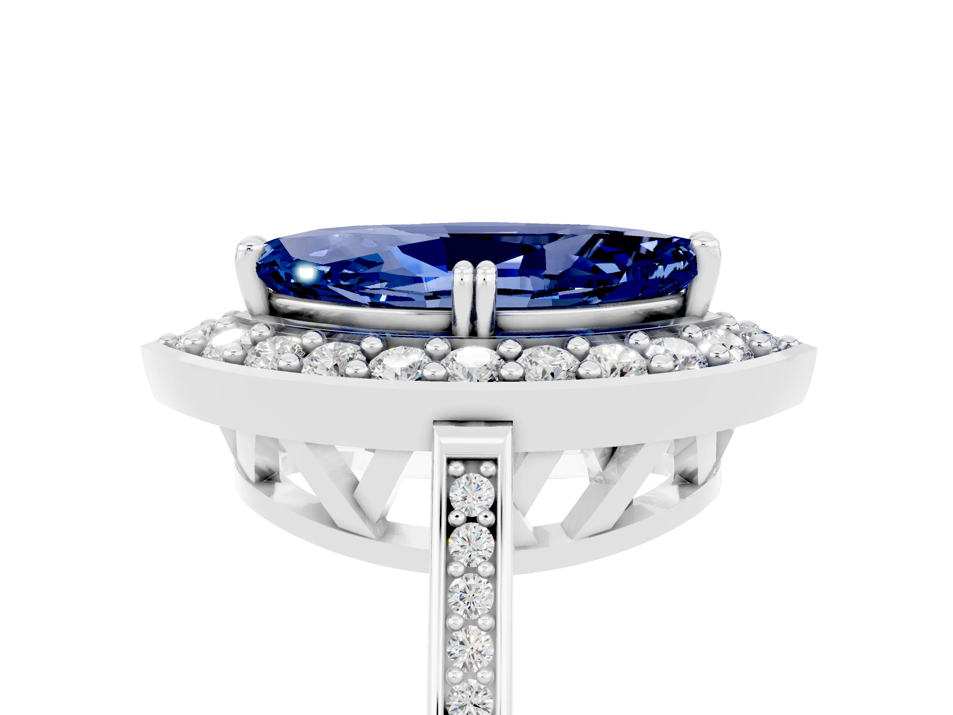 White gold Marquise Cut Blue Sapphire Halo Ring with Split Shank and Four-Prong Setting_5