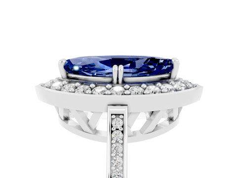 White gold Marquise Cut Blue Sapphire Halo Ring with Split Shank and Four-Prong Setting_5