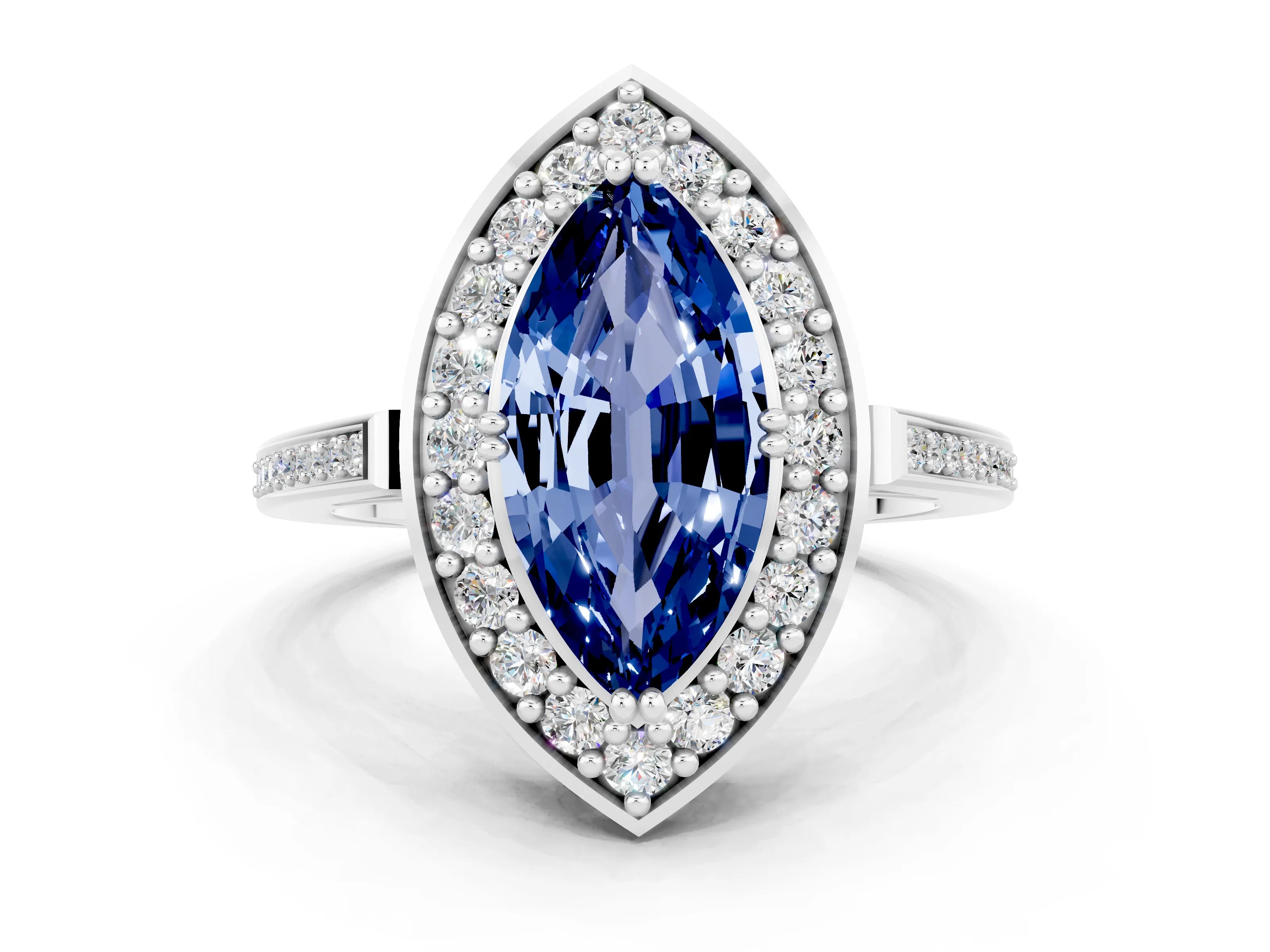 White gold Marquise Cut Blue Sapphire Halo Ring with Split Shank and Four-Prong Setting