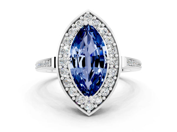 Silver Marquise Cut Blue Sapphire Halo Ring with Split Shank and Four-Prong Setting