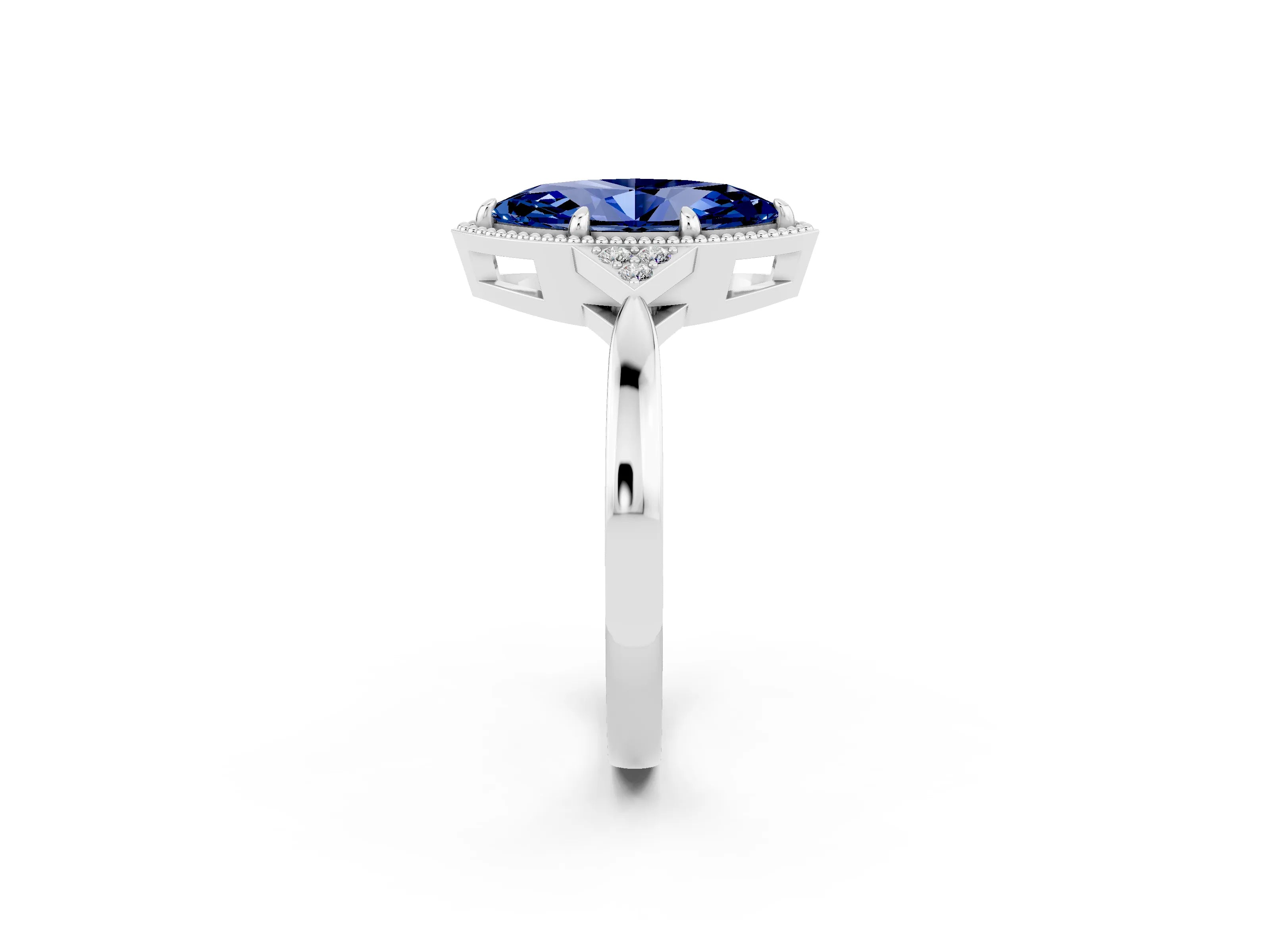 White gold Marquise Cut Blue Sapphire Halo Ring with Tapered Band and Four-Prong Setting_2