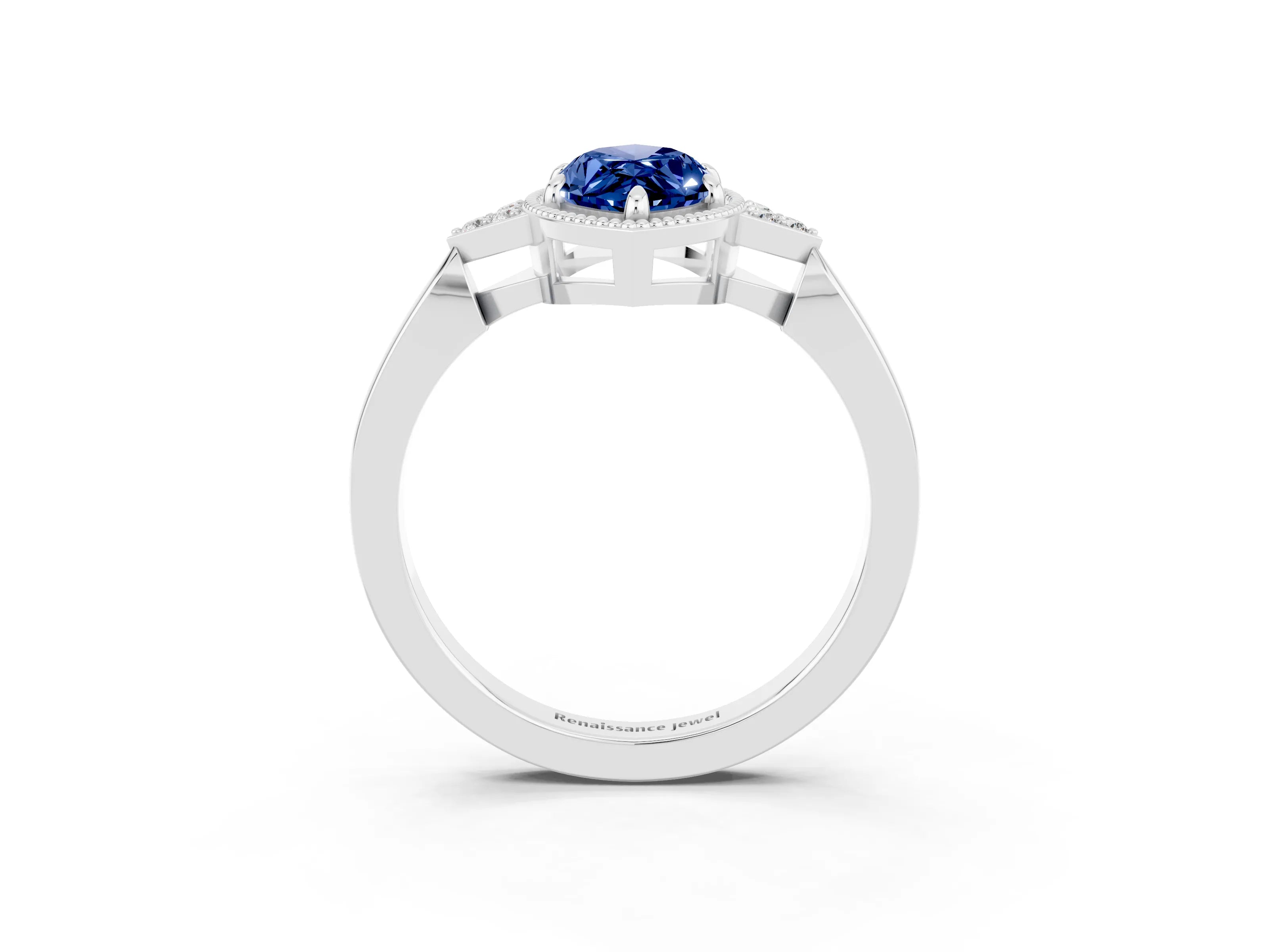 White gold Marquise Cut Blue Sapphire Halo Ring with Tapered Band and Four-Prong Setting_3