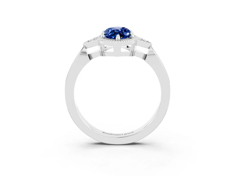 White gold Marquise Cut Blue Sapphire Halo Ring with Tapered Band and Four-Prong Setting_3
