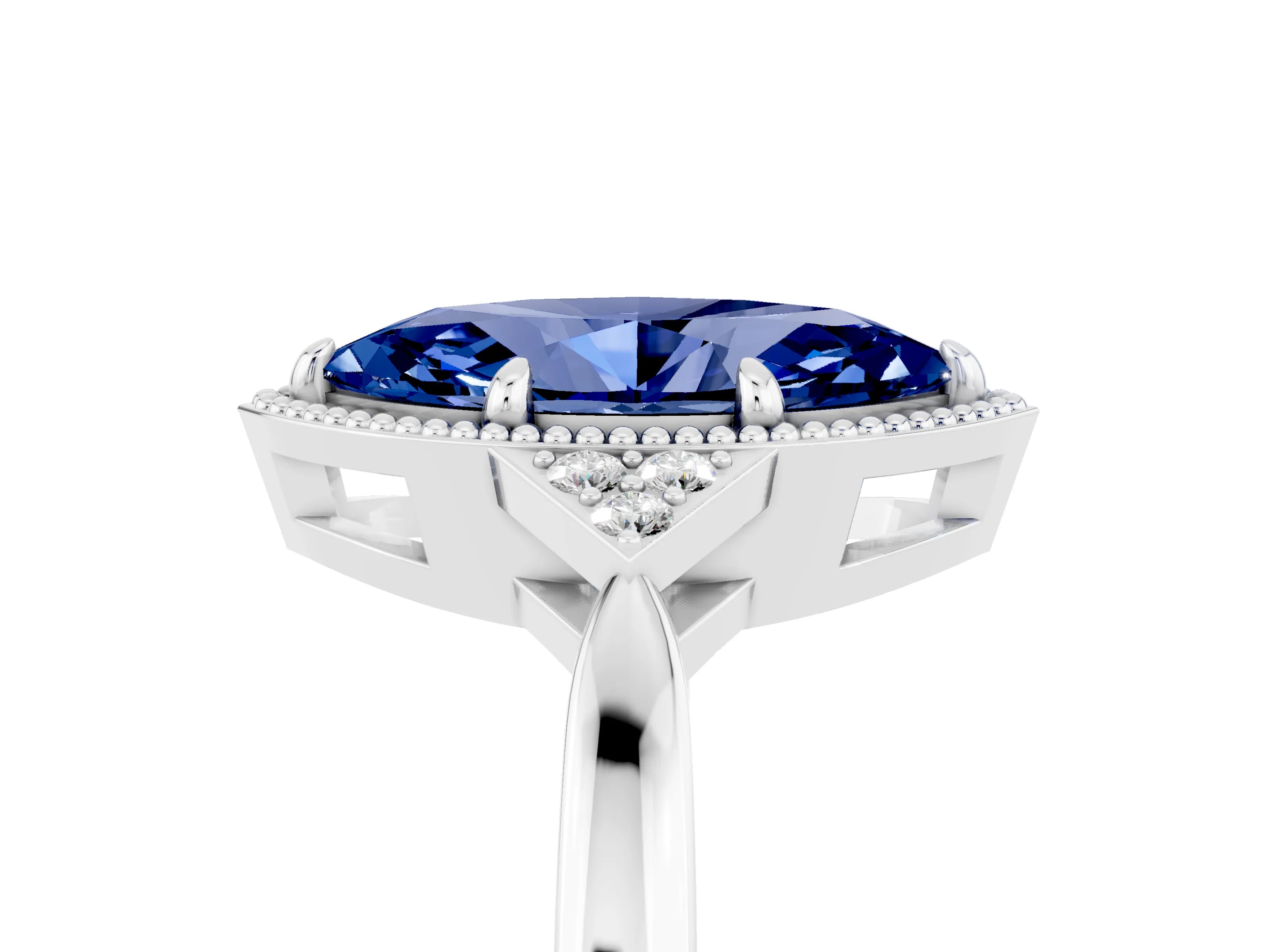 White gold Marquise Cut Blue Sapphire Halo Ring with Tapered Band and Four-Prong Setting_5