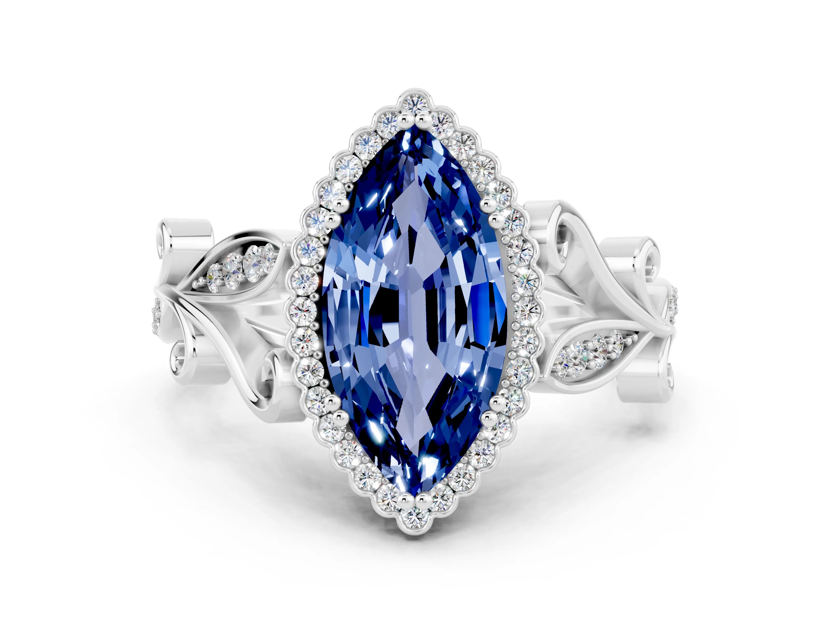 White gold Marquise Cut Blue Sapphire Halo Ring with Vintage Split Shank and Four-Prong Setting_42