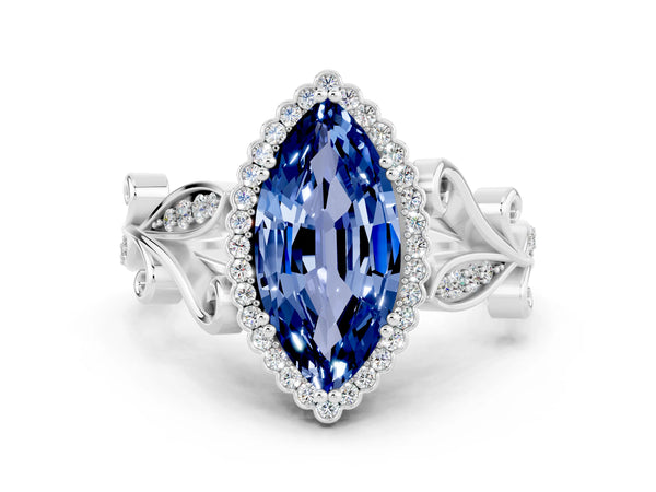 Platinum Marquise Cut Blue Sapphire Halo Ring with Vintage Split Shank and Four-Prong Setting