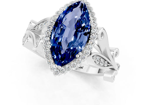 White gold Marquise Cut Blue Sapphire Halo Ring with Vintage Split Shank and Four-Prong Setting_43