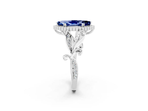 Platinum Marquise Cut Blue Sapphire Halo Ring with Vintage Split Shank and Four-Prong Setting