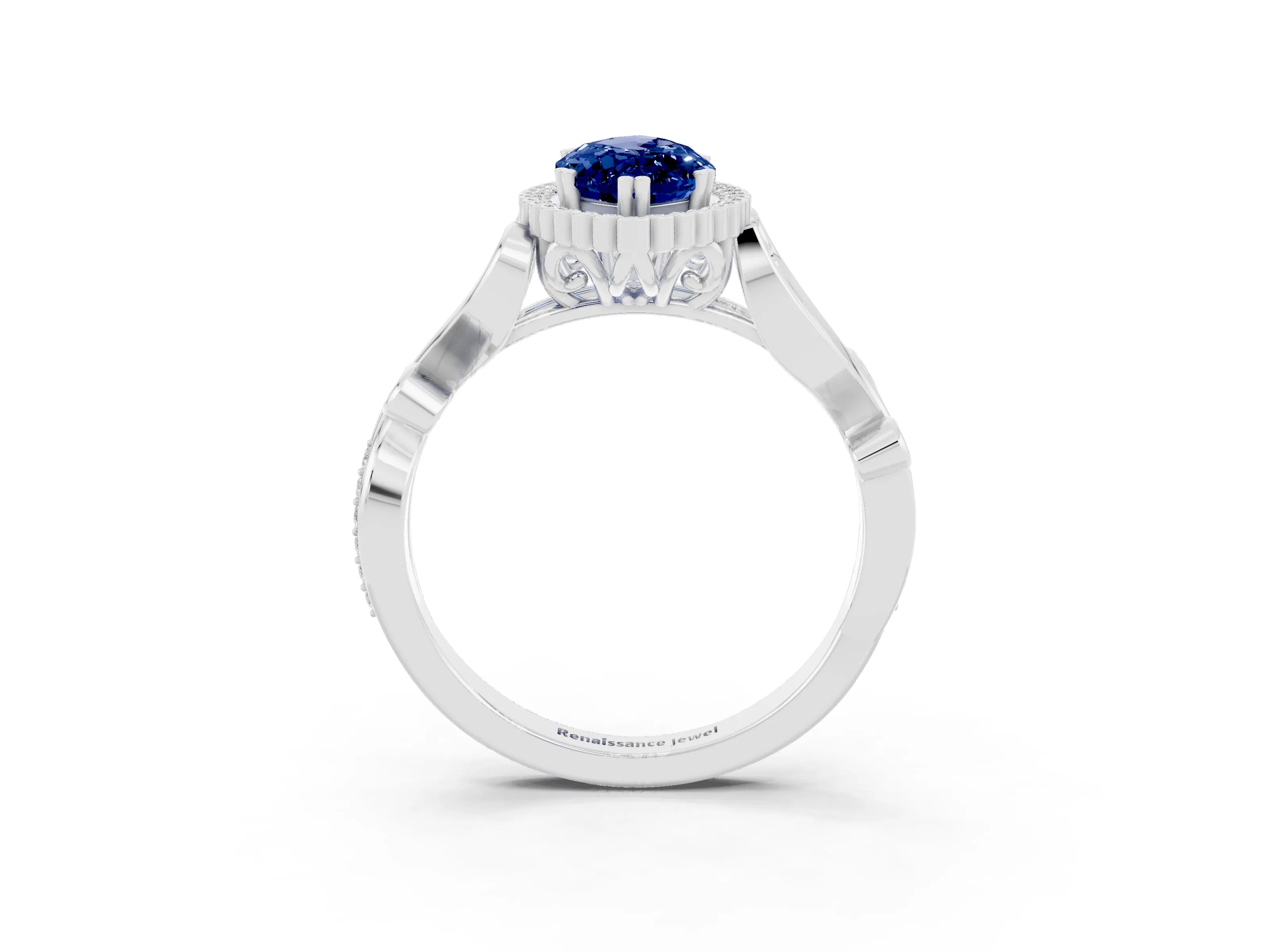 White gold Marquise Cut Blue Sapphire Halo Ring with Vintage Split Shank and Four-Prong Setting_45