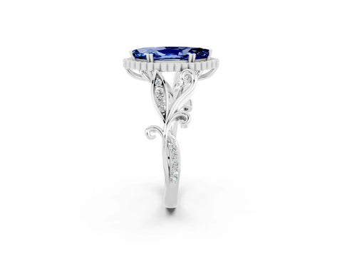 White gold Marquise Cut Blue Sapphire Halo Ring with Vintage Split Shank and Four-Prong Setting_45