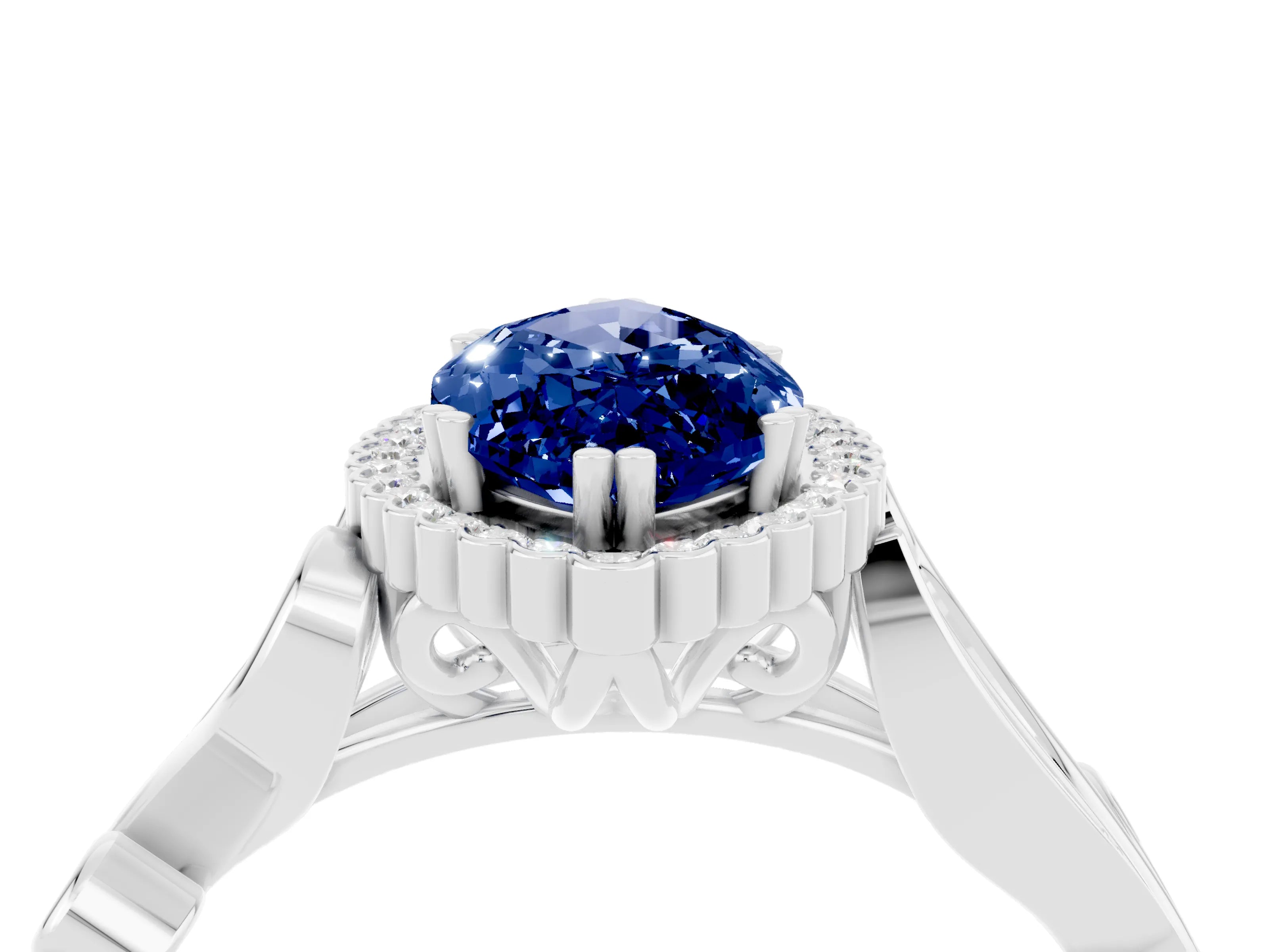 White gold Marquise Cut Blue Sapphire Halo Ring with Vintage Split Shank and Four-Prong Setting_46