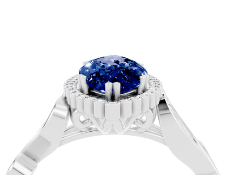 White gold Marquise Cut Blue Sapphire Halo Ring with Vintage Split Shank and Four-Prong Setting_46