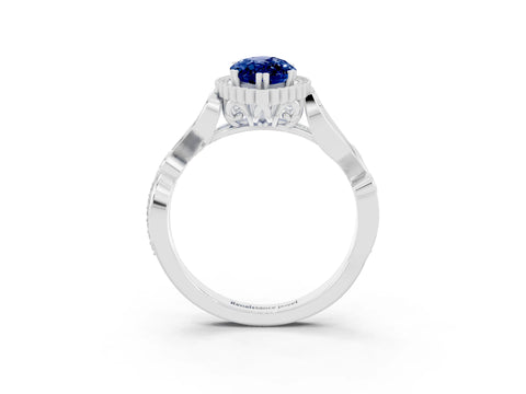 White gold Marquise Cut Blue Sapphire Halo Ring with Vintage Split Shank and Four-Prong Setting_46
