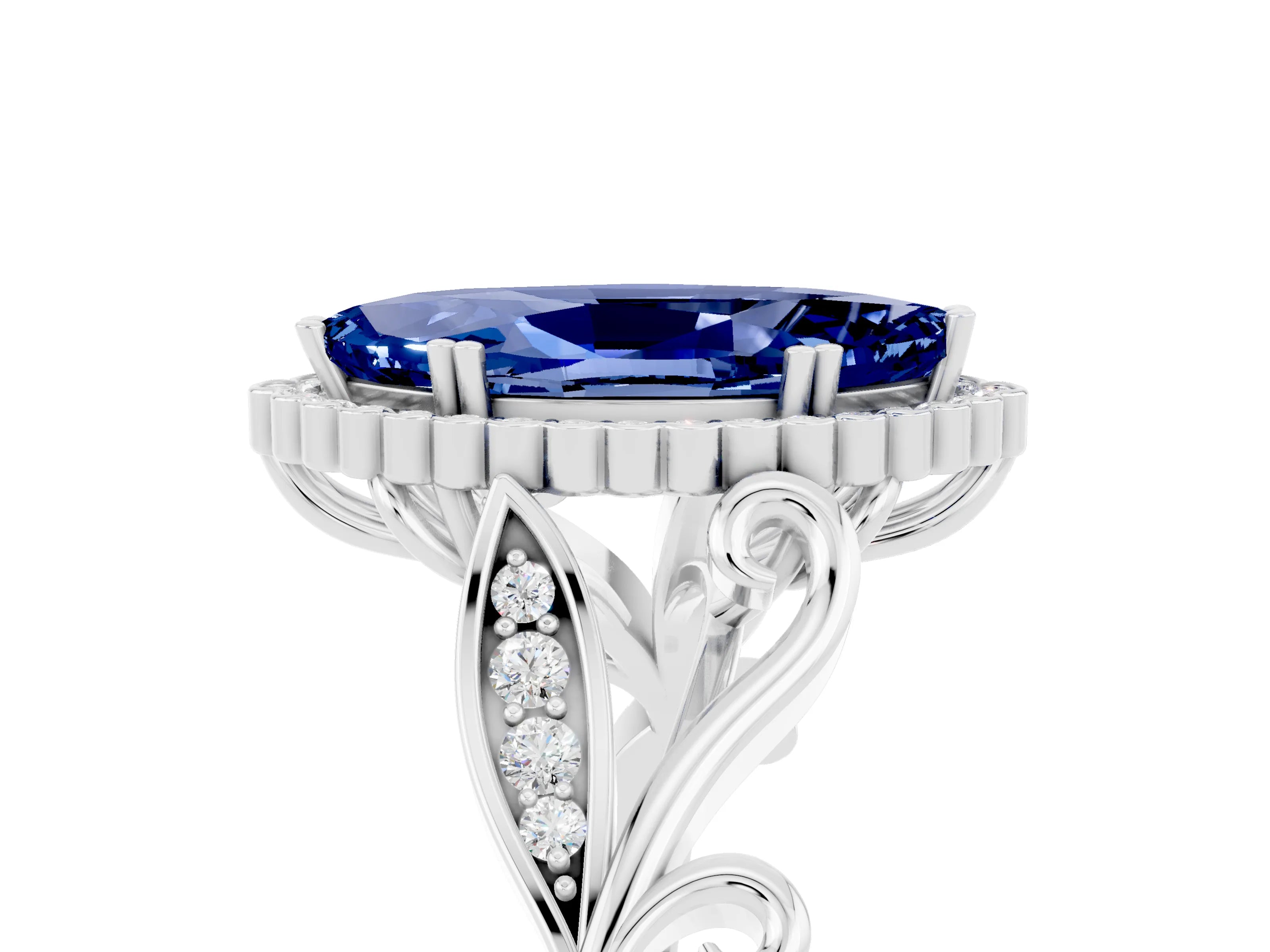 White gold Marquise Cut Blue Sapphire Halo Ring with Vintage Split Shank and Four-Prong Setting_47