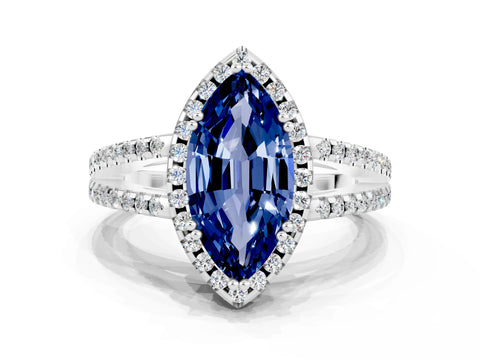 White gold Marquise Cut Blue Sapphire Halo Split Shank Engagement Ring_12
