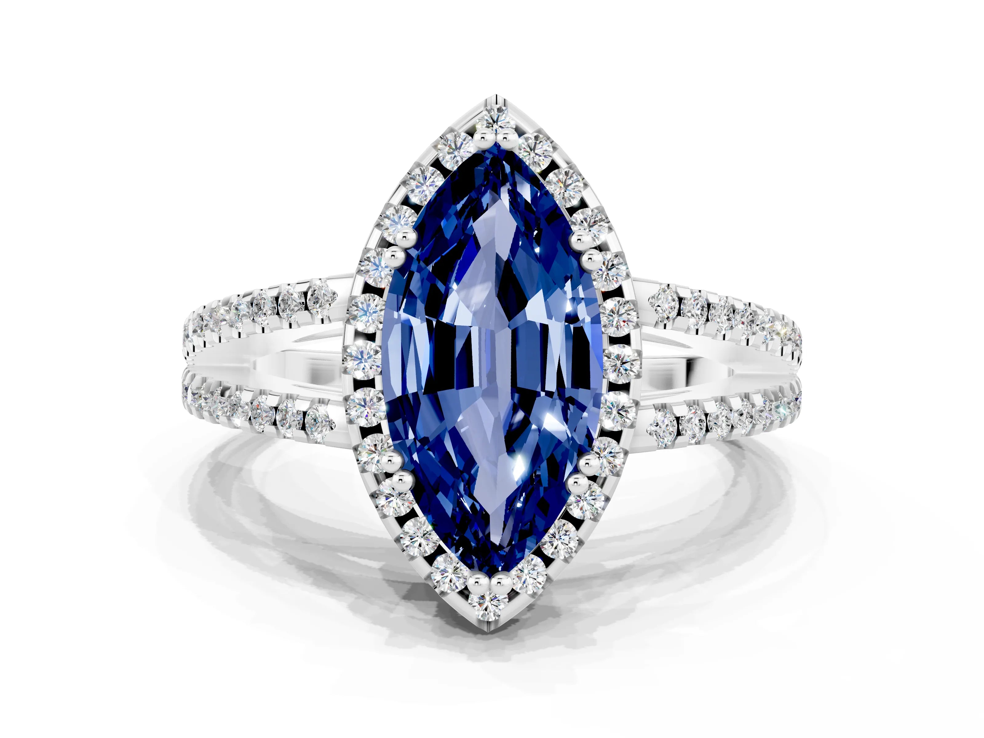 White gold Marquise Cut Blue Sapphire Halo Split Shank Engagement Ring_12