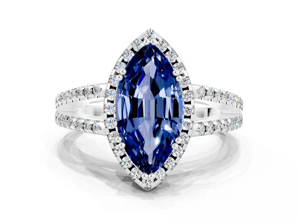 White gold Marquise Cut Blue Sapphire Halo Split Shank Engagement Ring