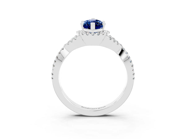 Silver Marquise Cut Blue Sapphire  Halo Twist Band Solitaire Prong Setting Ring