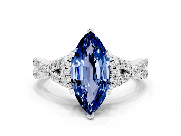 White gold Marquise Cut Blue Sapphire  Halo Twist Band Solitaire Prong Setting Ring
