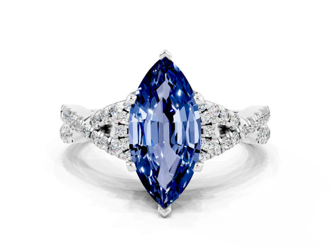 White gold Marquise Cut Blue Sapphire Halo Twist Band Solitaire Prong Setting Ring