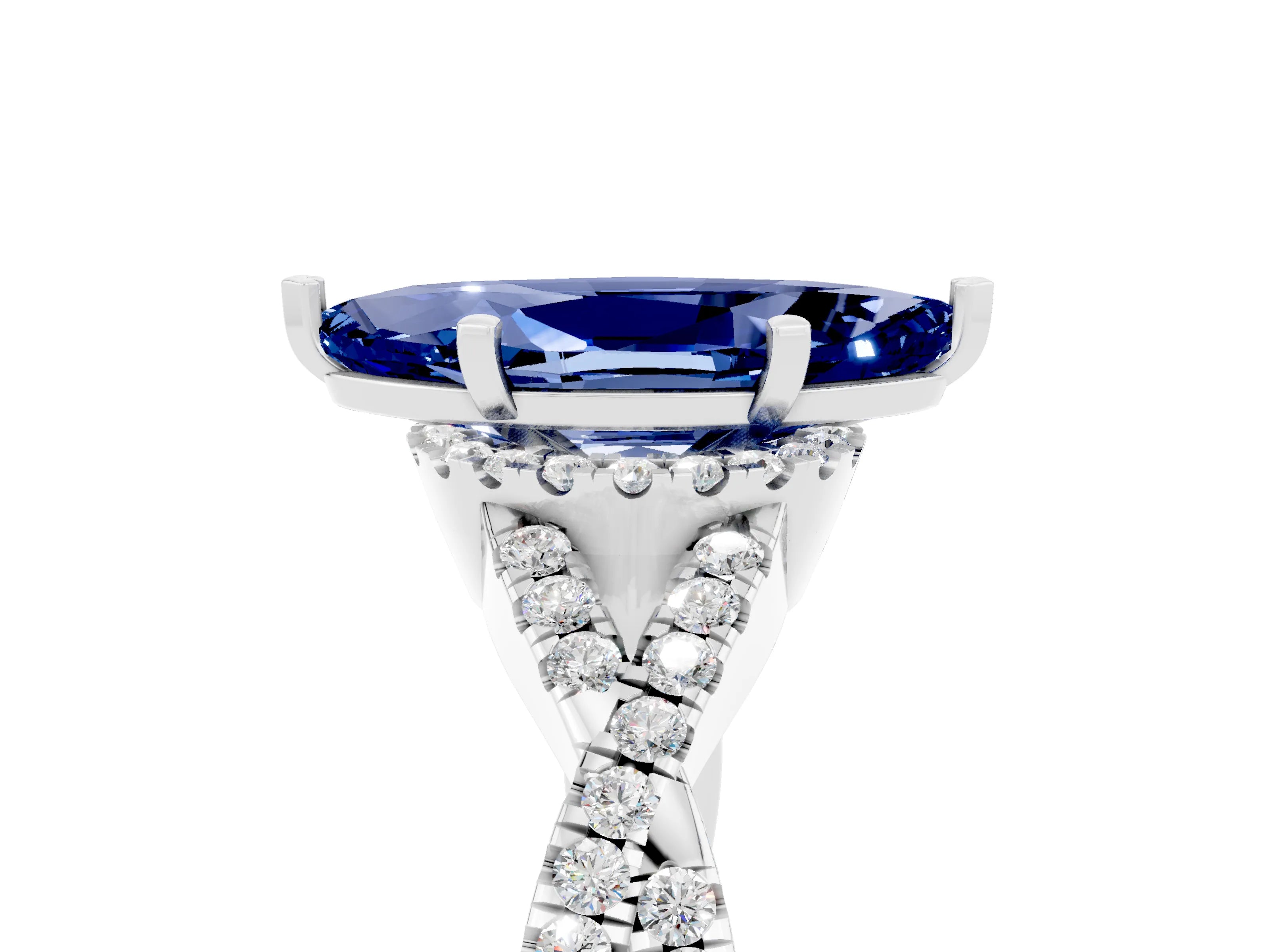 White gold Marquise Cut Blue Sapphire Halo Twist Band Solitaire Prong Setting Ring_5