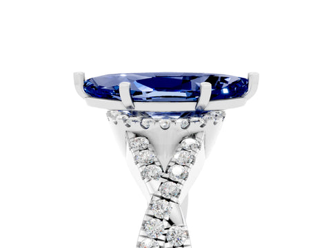 White gold Marquise Cut Blue Sapphire Halo Twist Band Solitaire Prong Setting Ring_5
