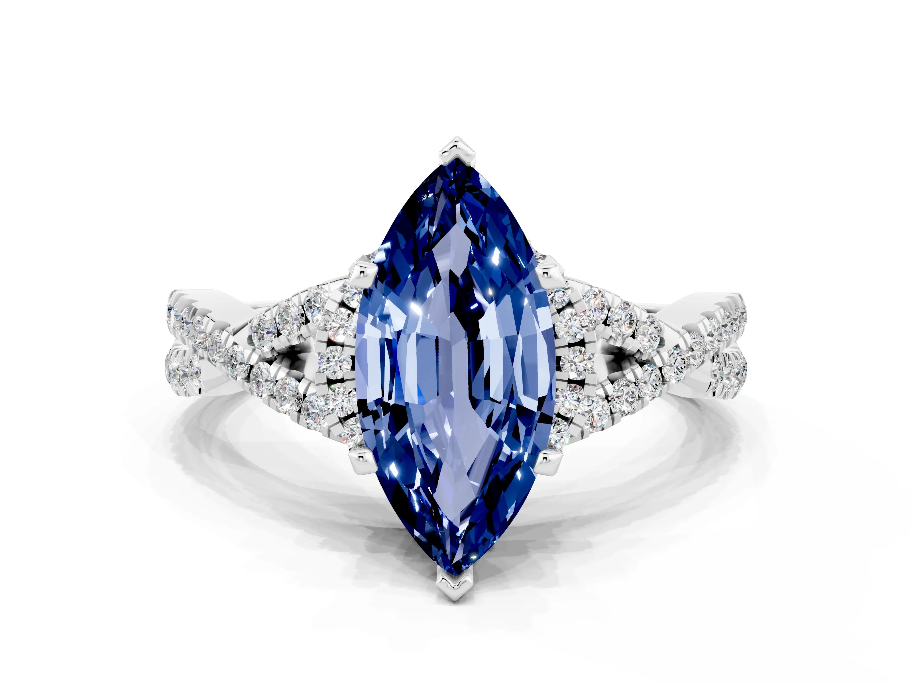 White gold Marquise Cut Blue Sapphire Halo Twist Band Solitaire Prong Setting Ring