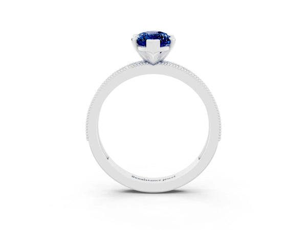 Platinum Marquise Cut Blue Sapphire Milgrain Pavé Engagement Ring with Four-Prong Setting