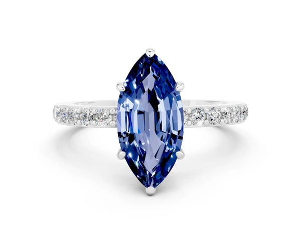 Silver Marquise Cut Blue Sapphire Pavé Engagement Ring with Round  Accents and Prong Setting