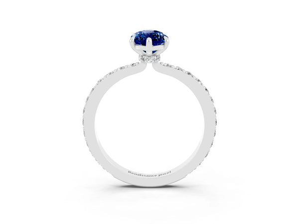 Silver Marquise Cut Blue Sapphire Pavé Engagement Ring with Round  Accents and Prong Setting