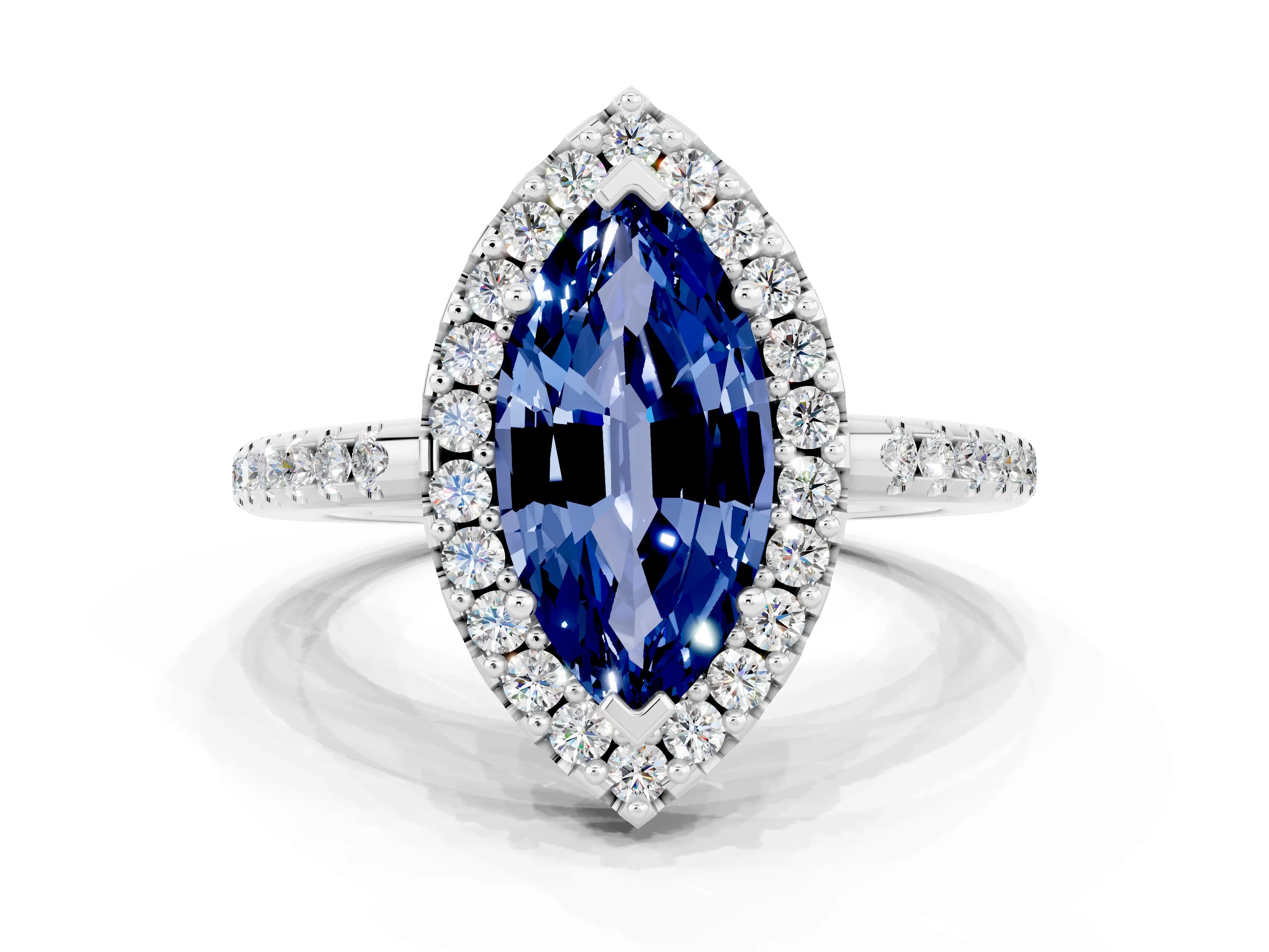 White gold Marquise Cut Blue Sapphire Pavé Halo Ring with Four-Prong Setting_12